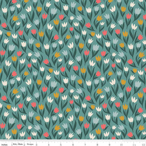 This floral fabric is in the Fairy Dust collection by Ashely Collett Design for Riley Blake Designs features tulips in a variety of colors on a green background.  