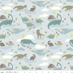 Main Dinosaur print from the Roar collection by Citrus and Mint for Riley Blake Designs light sky blue and gray background with clouds trees and volcanoes aqua olive green and gray dinosaurs  swimming and playing including stegosaurus Tricerotops T-Rex  print high quality quilting weight fabric for quilts bags sewing projects clothing garments