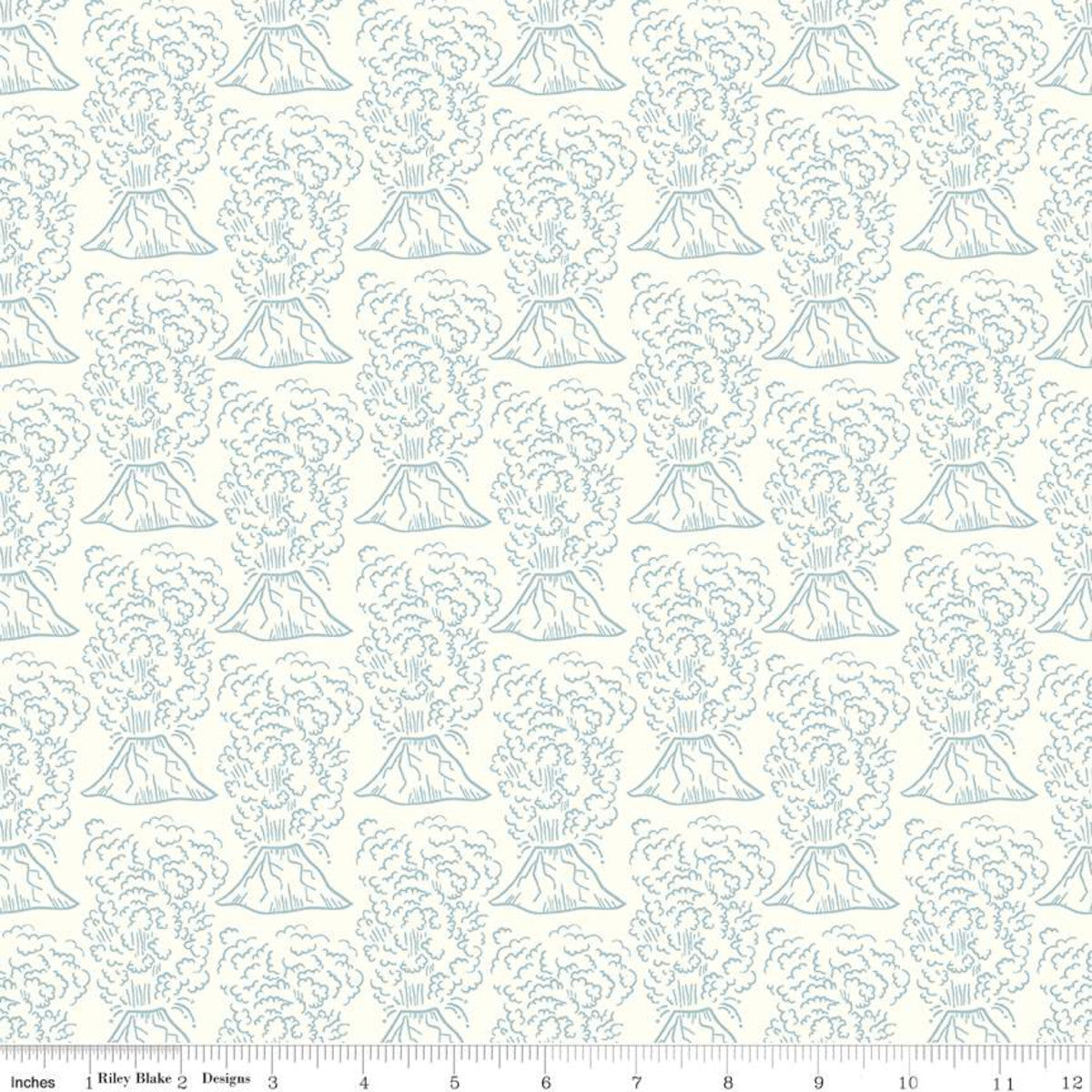 Low volume tone on tone volcanoes from the Roar collection by Citrus and Mint for Riley Blake Designs cream background with outlined erupting volcanoes in slate blue gray high quality quilting weight fabric for quilts bags sewing projects clothing garments