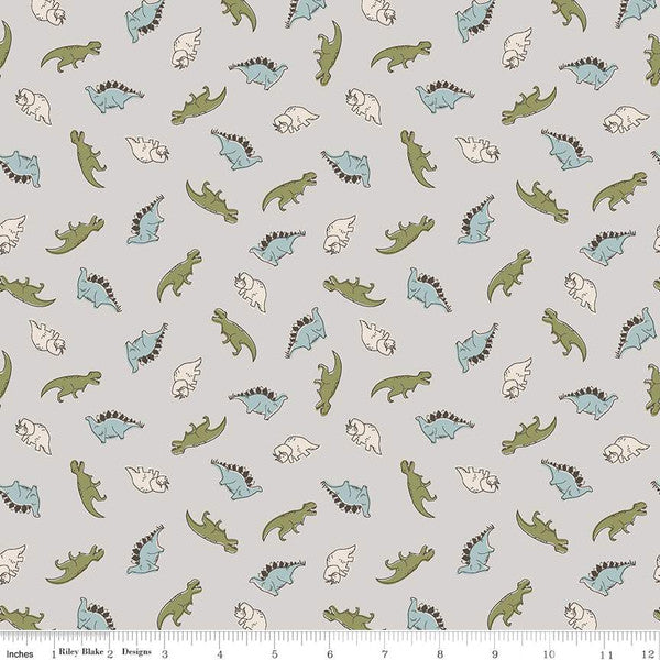 Mini Dinos from the Roar collection by Citrus and Mint for Riley Blake Designs light pewter gray grey background with aqua olive green and white dinosaurs including stegosaurus Tricerotops T-Rex  scattered print high quality quilting weight fabric for quilts bags sewing projects clothing garments