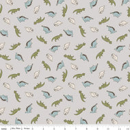 Mini Dinos from the Roar collection by Citrus and Mint for Riley Blake Designs light pewter gray grey background with aqua olive green and white dinosaurs including stegosaurus Tricerotops T-Rex  scattered print high quality quilting weight fabric for quilts bags sewing projects clothing garments