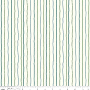 Stripes on Cream from the Roar collection by Citrus and Mint for Riley Blake Designs cream background with irregular teal slate blue and olive green stripes in slate blue gray high quality quilting weight fabric for quilts bags sewing projects clothing garments binding
