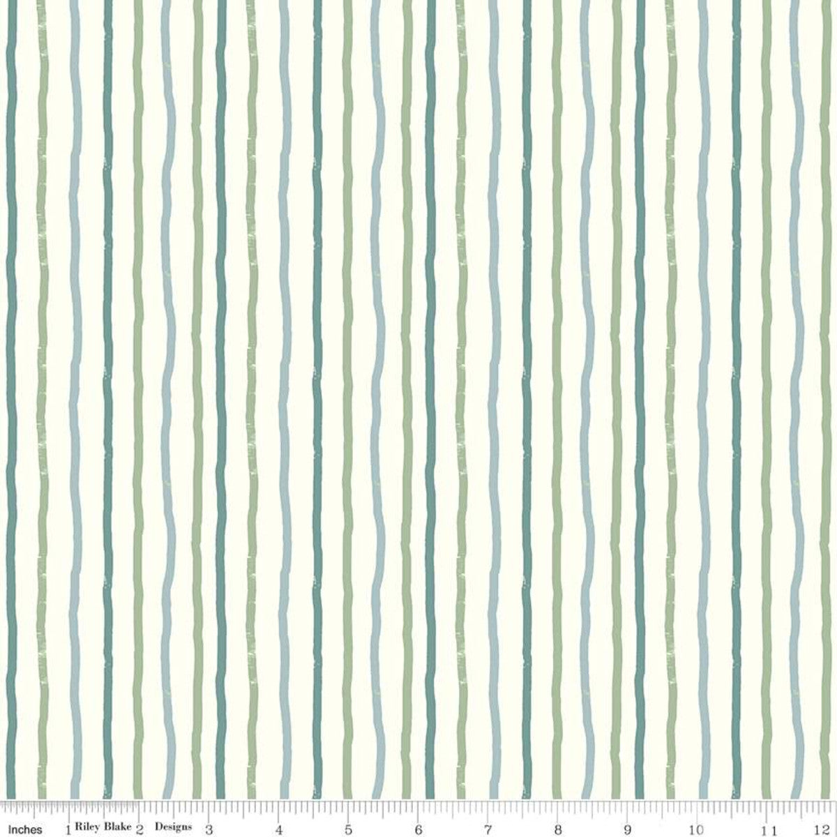 Stripes on Cream from the Roar collection by Citrus and Mint for Riley Blake Designs cream background with irregular teal slate blue and olive green stripes in slate blue gray high quality quilting weight fabric for quilts bags sewing projects clothing garments binding