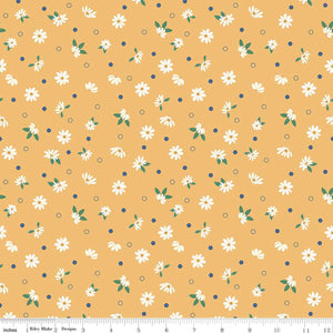 Dainty Fields floral in Harvest by Beverly McCullough for Riley Blakes Designs basic fabric in harvest yellow with scattered daisies and hexagons cotton quilting sewing fabric material