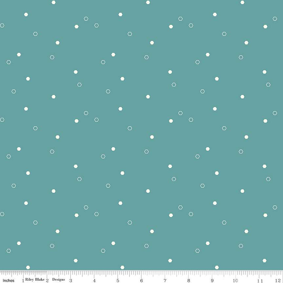 Dainty Fields Scattered Hexies in Teal by Beverly McCullough for Riley Blakes Designs basic fabric in teal with scattered  solid and outlined hexies hexagons cotton quilting sewing fabric material