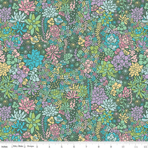 densely clustered multi-color and multi-scale succulents in purple turquoise teal aqua yellow green gray on a hunter green background Arid Oasis Main Print Hunter Green by Melissa Lee for Riley Blake Designs  high quality cotton fabric for quilts garments clothing sewing projects bags 