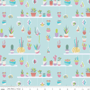 white shelves with potted and hanging plants and succulents in  purple green turquoise pink red purple gold yellowon a soft aqua blue background Arid Oasis Hanging Garden in Sky Blue by Melissa Lee for Riley Blake Designs  high quality cotton fabric for quilts garments clothing sewing projects bags 