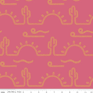 densely clustered multi-color and multi-scale succulents inoutline of Joshua tree cactus with sun large scale in golden yellow on a raspberry pink background Arid Oasis Desert Sunrise in Raspberry Pink by Melissa Lee for Riley Blake Designs  high quality cotton fabric for quilts garments clothing sewing projects bags 