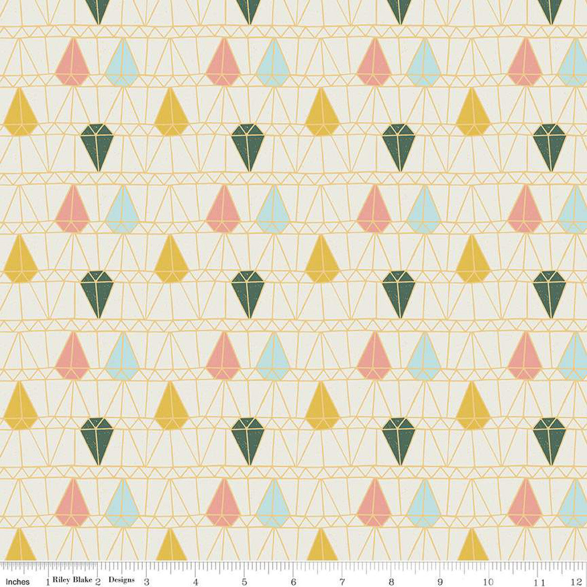 Diamond shaped windows in pink aqua gold green on a gridded gold outline and offwhite background  Arid Oasis Greenhouse Window in Off White by Melissa Lee for Riley Blake Designs  high quality cotton fabric for quilts garments clothing sewing projects bags 