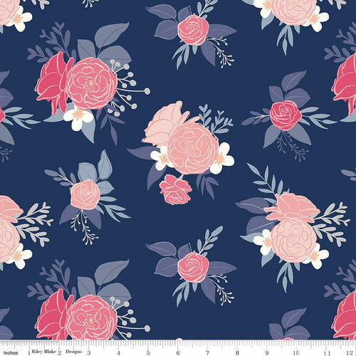 South Hill by Fran Gulick for Riley Blake Designs navy background with bouquets of deep pink light pink white flowers and gray blue leaves and stems quilt weight cotton for quilting garments clothing bags sewing 