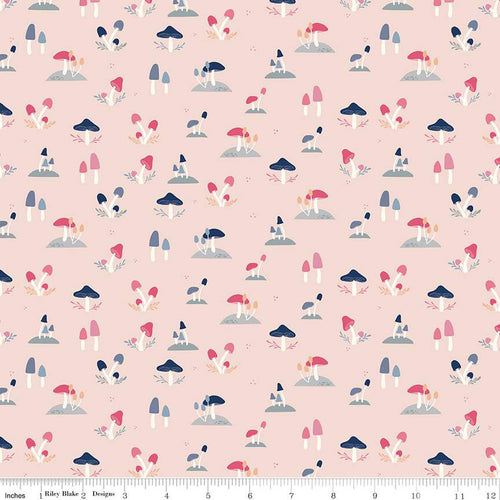South Hill by Fran Gulick for Riley Blake designs fabric clusters of toadstools mushrooms in pink and navy on gray mound on blush pink background tone on tone quilt weight fabric for quilting sewing garments clothing 