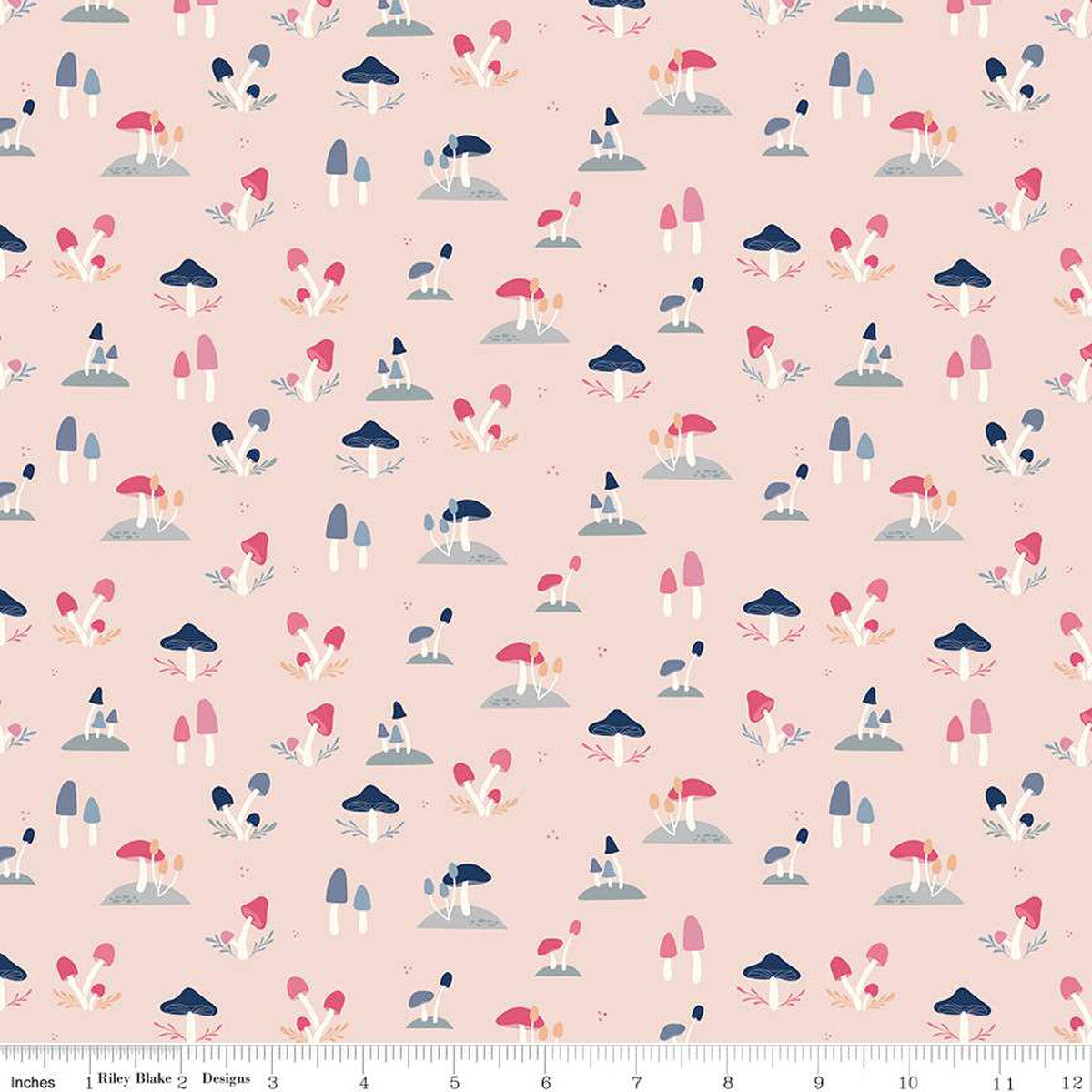 South Hill by Fran Gulick for Riley Blake designs fabric clusters of toadstools mushrooms in pink and navy on gray mound on blush pink background tone on tone quilt weight fabric for quilting sewing garments clothing 