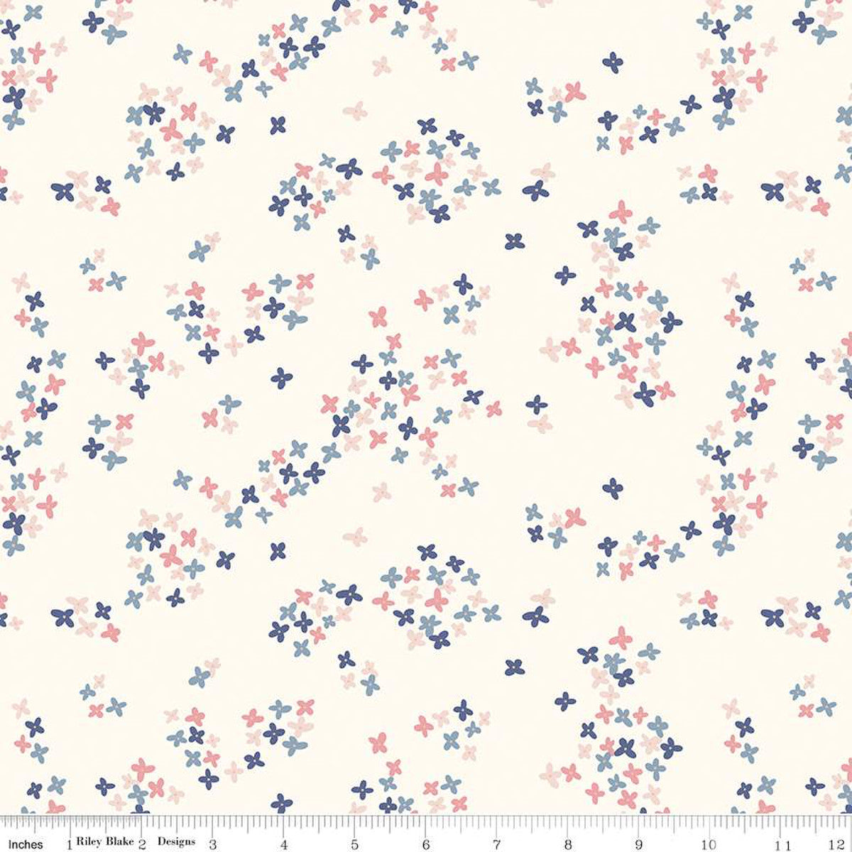 South Hill by Fran Gulick for Riley Blake designs fabric soft pink blush navy blue slate flower petals on cream background  quilt weight fabric for quilting sewing garments clothing 