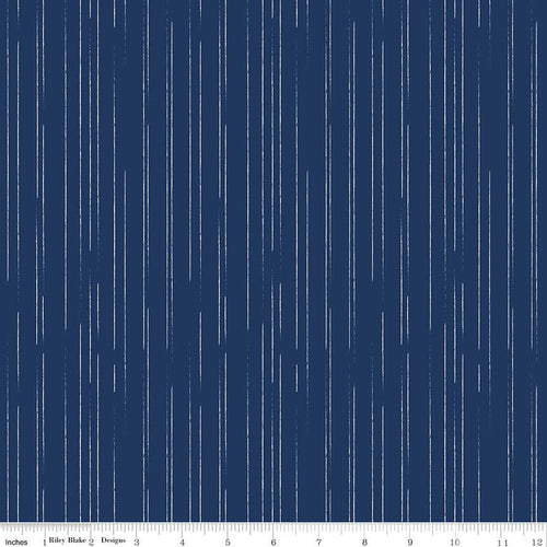South Hill by Fran Gulick for Riley Blake designs fabric soft white irregular interrupted skinny stripes on navy background quilt weight fabric for quilting sewing garments clothing 