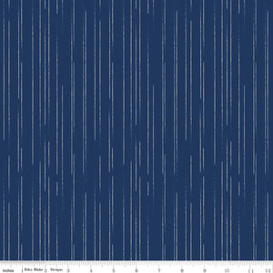 South Hill by Fran Gulick for Riley Blake designs fabric soft white irregular interrupted skinny stripes on navy background quilt weight fabric for quilting sewing garments clothing 