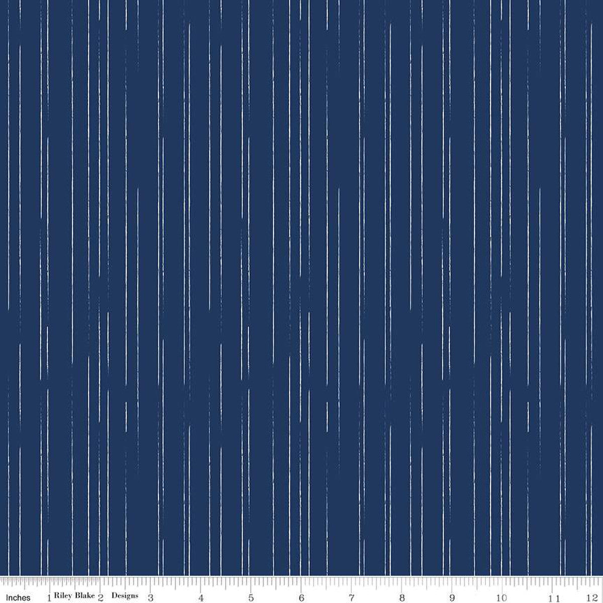 South Hill by Fran Gulick for Riley Blake designs fabric soft white irregular interrupted skinny stripes on navy background quilt weight fabric for quilting sewing garments clothing 