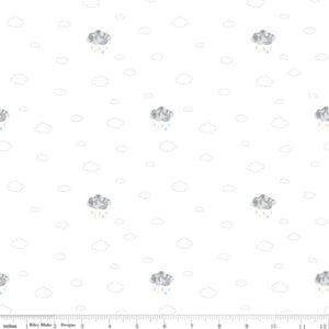 Hush Hush 2 Cloud Cover by Kristy Lea for Riley Blake Designs soft white cream background with scattered light gray cloud outlines and pastel rainbow raindrops low volume background cotton fabric quilt weight for quilting garments clothing bags sewing projects 