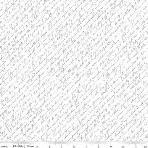 Hush Hush 2 Reminisce by Jill Finley for Riley Blake Designs soft white background with  light gray slanted handwritten cursive words written in rows  low volume background cotton fabric quilt weight for quilting garments clothing bags sewing projects 