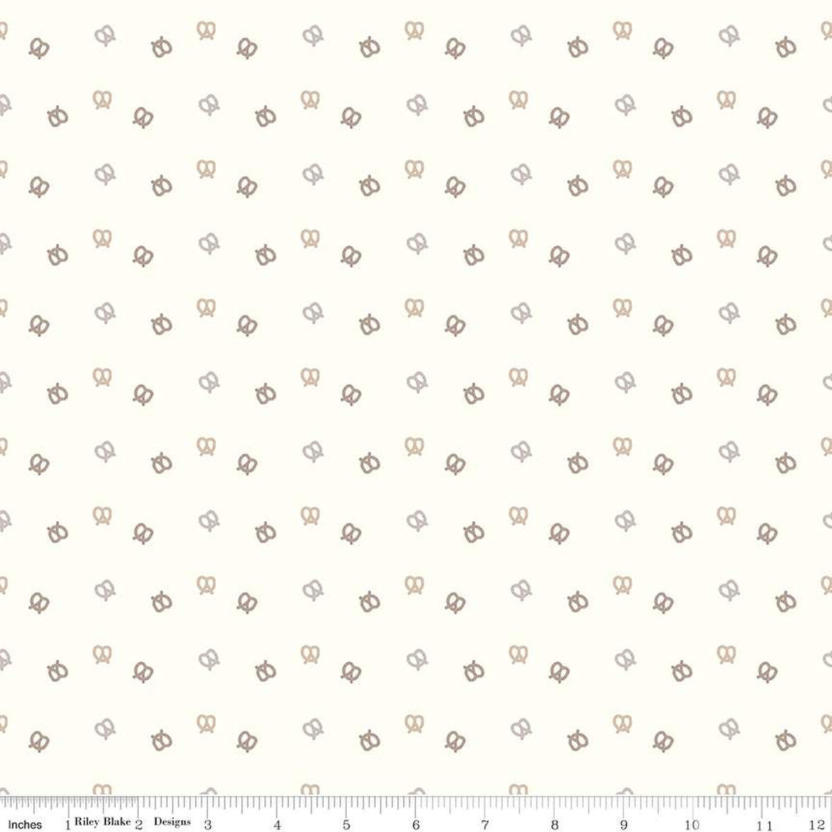Hush Hush 2 Pretzel Party by Christopher Thompson for Riley Blake Designs cream background with scattered tiny pretzels in light gray and brown low volume background cotton fabric quilt weight for quilting garments clothing bags sewing projects 