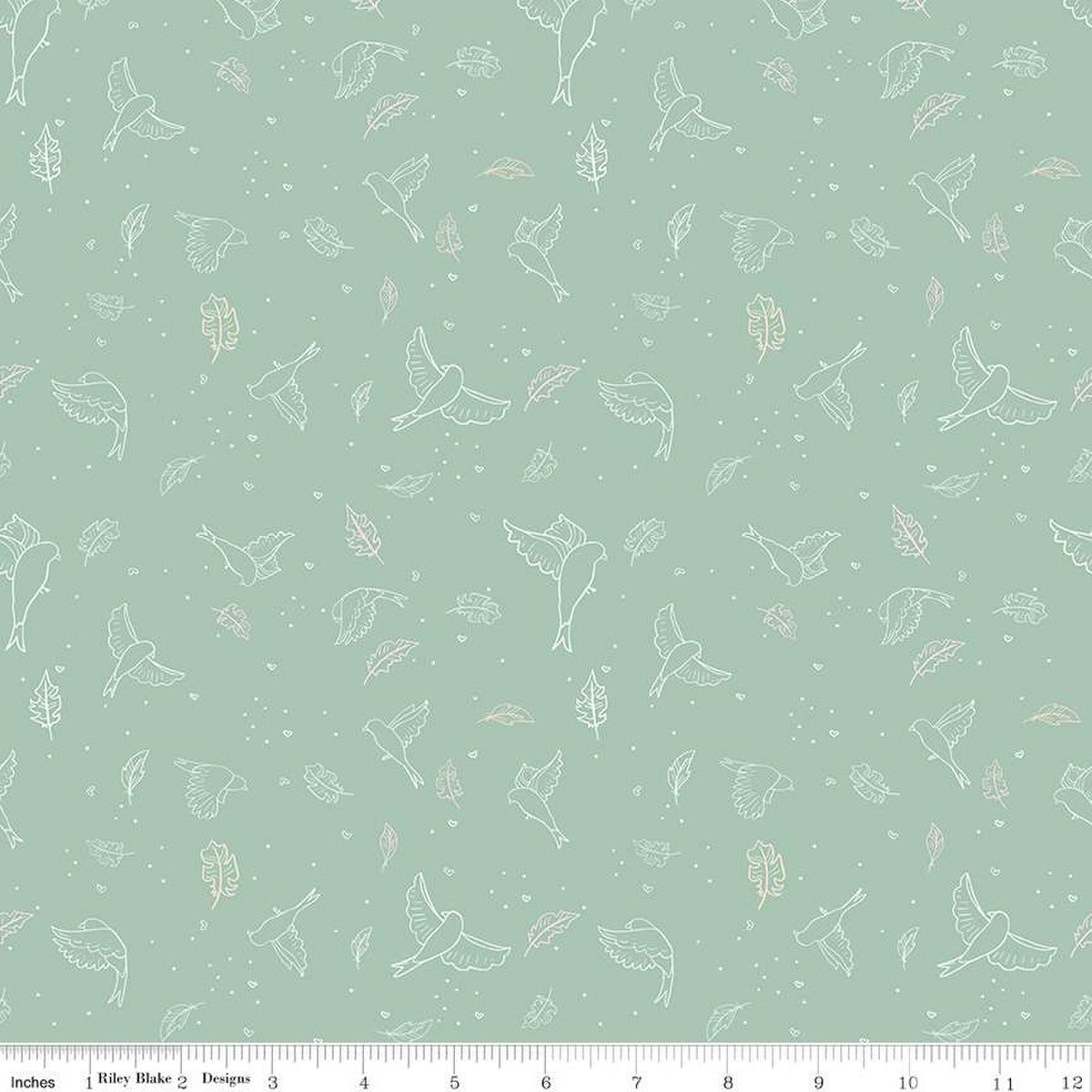 Wild and Free by Gracey Larson for Riley Blake Designs  quilt weight cotton fabric for quilting sewing garments bags soft sage green background with white cream outlines of birds in flight and drifting leaves low volume basic