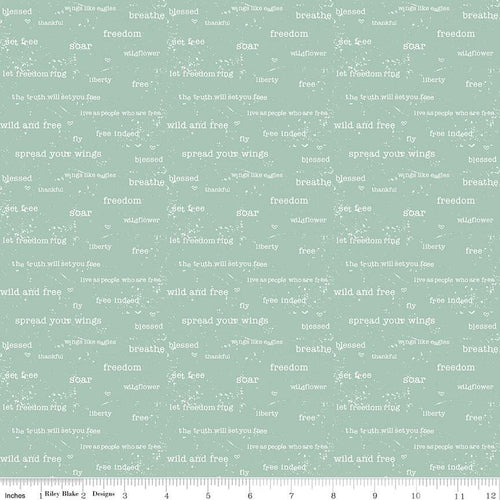 Wild and Free by Gracey Larson for Riley Blake Designs  quilt weight cotton fabric for quilting sewing garments bags soft green background with typewritten adventure outdoor words in cream and patchy white spots Book Nook Nerd friendly