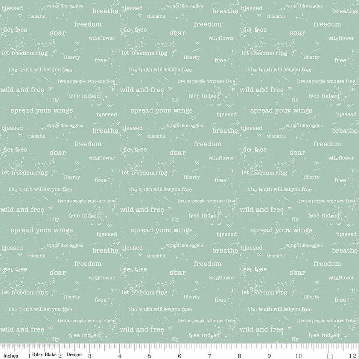 Wild and Free by Gracey Larson for Riley Blake Designs  quilt weight cotton fabric for quilting sewing garments bags soft green background with typewritten adventure outdoor words in cream and patchy white spots Book Nook Nerd friendly