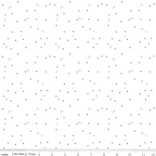 Wild and Free by Gracey Larson for Riley Blake Designs  quilt weight cotton fabric for quilting sewing garments bags white background dark pindot polka dots and soft green leaves