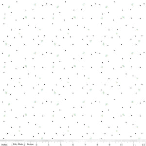 Wild and Free by Gracey Larson for Riley Blake Designs  quilt weight cotton fabric for quilting sewing garments bags white background dark pindot polka dots and soft green leaves