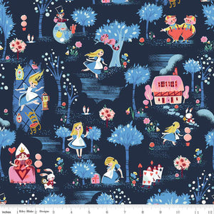 Down the Rabbit Hole Main Print in Navy by Jill Howarth for Riley Blake Designs navy blue background with Alice in Wonderland Queen of Hearts gingerbread style houses in pink twins mad hatter Cheshire cat blue trees Card army tiny card suites heart clubs spade diamonds in pink red white quilt cotton for quilting garments bag sewing projects 