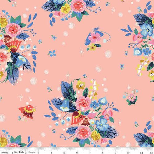 Down the Rabbit Hole Caterpillar in Coral by Jill Howarth for Riley Blake Designs pale coral background with wildflower bouquets in blue pink yellow with red and white mushrooms and yellow caterpillars in pink red white quilt cotton for quilting garments bag sewing projects 