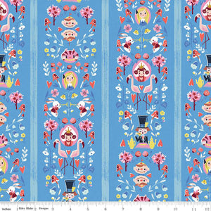 Down the Rabbit Hole Mad Stripe in Blue by Jill Howarth for Riley Blake Designs soft blue background  with stripes flamingos hearts Alice in Wonderland Queen of Diamonds Mad Hatter in pink red white quilt cotton for quilting garments bag sewing projects 