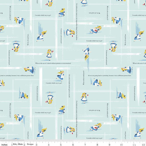 Down the Rabbit Hole Tea Party in Multi by Jill Howarth for Riley Blake Designs soft bleached denim blue background  with Alice in Wonderland in blue and white dress and white streaky grids with quotes from Lewis Carroll book white quilt cotton for quilting garments bag sewing projects 
