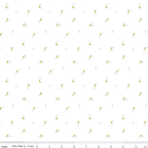 Seasonal Basic Moons White by Riley Blake Designs soft white background with scattered fingernail moons in gold and delicate tiny stars in faded pink and blue high quality cotton fabric  for quilting garments bags clothing apron material 