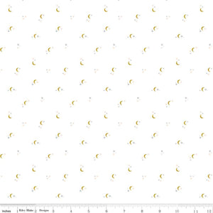 Seasonal Basic Moons White by Riley Blake Designs soft white background with scattered fingernail moons in gold and delicate tiny stars in faded pink and blue high quality cotton fabric  for quilting garments bags clothing apron material 