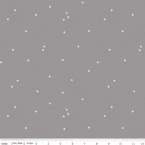 Dainty Daisy in Gray by Beverly McCullough for Riley Blakes Designs basic fabric in medium gray with scattered tiny daisies and tone on tone pin dots cotton quilting sewing fabric material