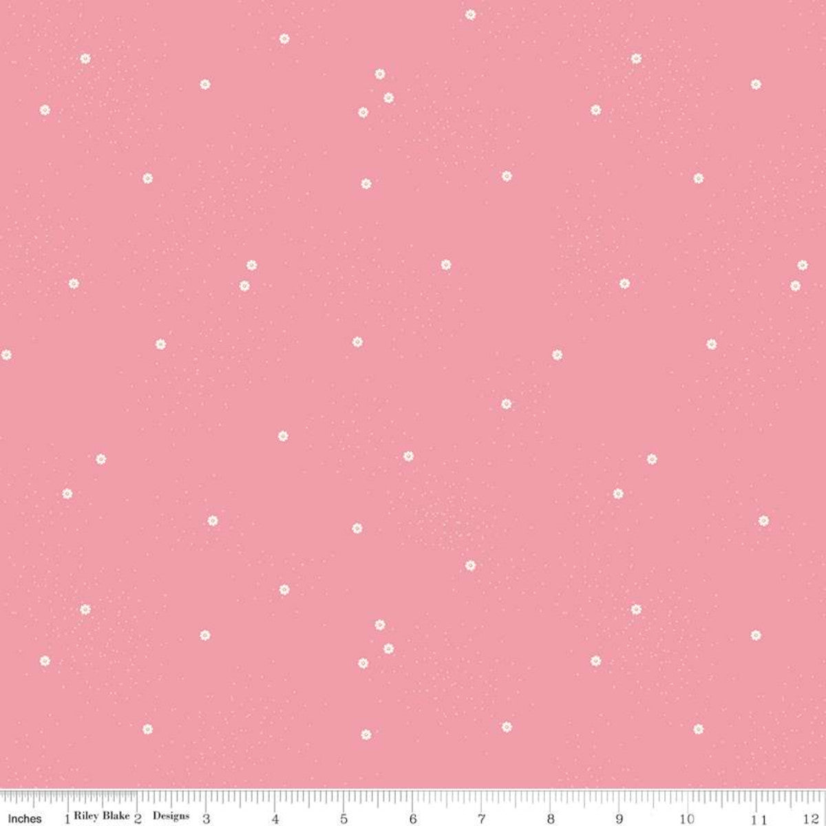 Dainty Daisy in peony by Beverly McCullough for Riley Blakes Designs basic fabric in medium peony pink with scattered tiny daisies and tone on tone pin dots cotton quilting sewing fabric material