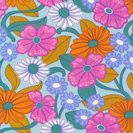 Cosmic Cloudscape by Elizabeth Olwen for Cloud 9 Organic Cotton Fabrics layers of florals with stars retro style orange gold pink aqua 70's flowers material quilt pillowcase sewing project bag dress garment