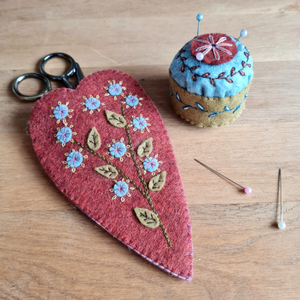 Corinne LaPierre embroidered scissors pouch cover case and mini felt pincushion kit embroidery craft do it yourself diy made in britain red wool heart with stem leaves and flowers