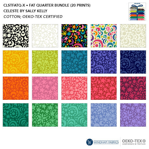 Pre-order fat quarter bundle Celeste by Sally Kelly for Windham Fabrics tone on tone moon and star prints and bright rainbow prints by former Liberty of London Designer saturated colors of orange green black and white purple rainbow green red blue tone on tone low volume cotton quilt fabric