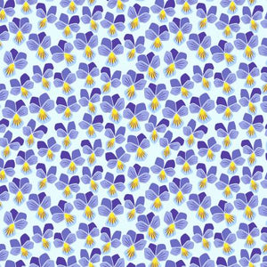 Pansy in purple lavender yellow from Wild and Free Collection by Loes Vanoosten for Cotton and Steel Fabrics dense clustered purple pansies with a yellow center on a soft white background material fabric for quilts garments bags pillowcase