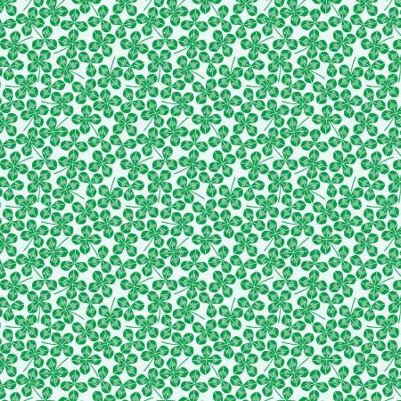 Four Leaf Clover from Wild and Free Collection by Loes Vanoosten for Cotton and Steel fabrics kelly green clovers densely clustered on a soft white background material for quilting garments bags sewing projects lucky