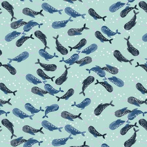 Cosmic Seas Unicorn of the Sea Narwhal Blue Dream Pearlescent   Calli and Co. for Cotton and Steel Whales stars signs fabric material quilt garment clothes sewing projects 