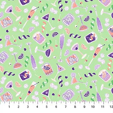 Figo Fabric Clink Glasses Green Lavender quilt fabric cocktail tiki novelty retro