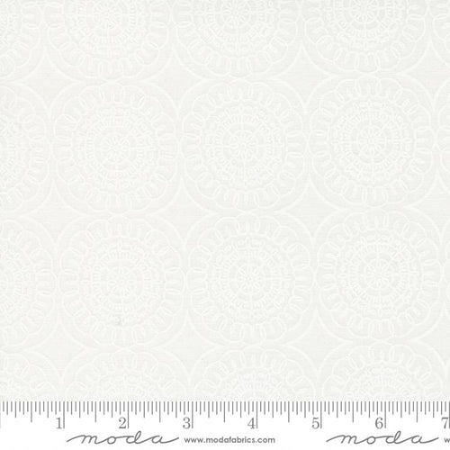 Coriander Seeds by Corey Yoder for Moda Fabrics White on White tone on tone large lacey doily shape in rows on soft cream white background high quality cotton for quilting garment making sewing Little Miss Shabby