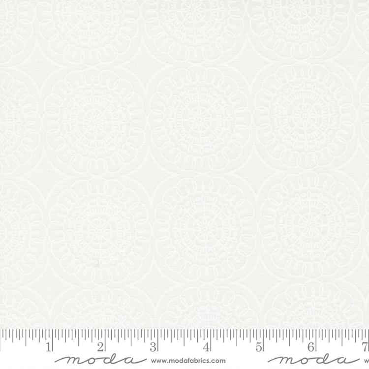 Coriander Seeds by Corey Yoder for Moda Fabrics White on White tone on tone large lacey doily shape in rows on soft cream white background high quality cotton for quilting garment making sewing Little Miss Shabby