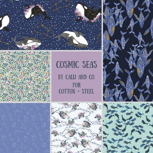 Cosmic Seas Calli and Co. Cotton + Steel whale stringray sea turtle honu narwhal constellations flowers stars moon metallic pearlescent fabric material quilt garment clothes fat quarter bundle