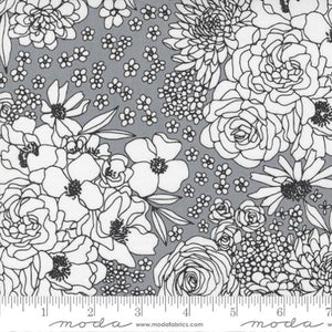 This monochromatic fabric features large white floral bunches surrounded by small flowers on a grey background. Moda Create by Alli K charcoal grey gray white and black glowers roses daisies high quality quilt fabric sewing bags garments clothing 