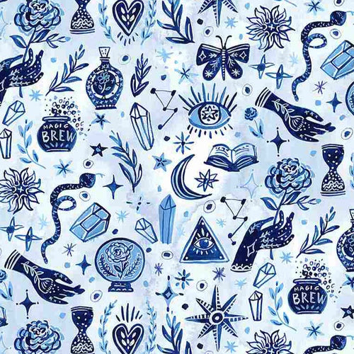 Dear Stella Mystic Symbols Aquarius Collection Blue White Constellation Crystal flower snake heart cotton quilt fabric material