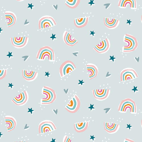 Dashwood Studios Fabrics Rainbow Friends Animals Stars Hearts Rainbows Grey backgroundkids fabric cotton quilting