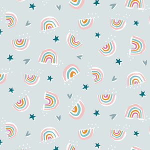 Dashwood Studios Fabrics Rainbow Friends Animals Stars Hearts Rainbows Grey backgroundkids fabric cotton quilting